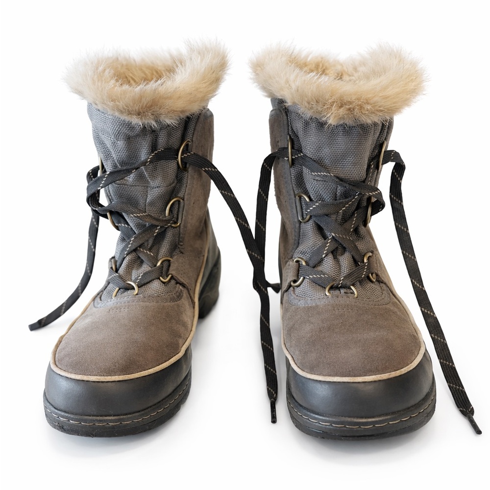 SOREL Women’s Winter Boots Faux Fur Trim Gray/Taupe Suede‎ Size 8